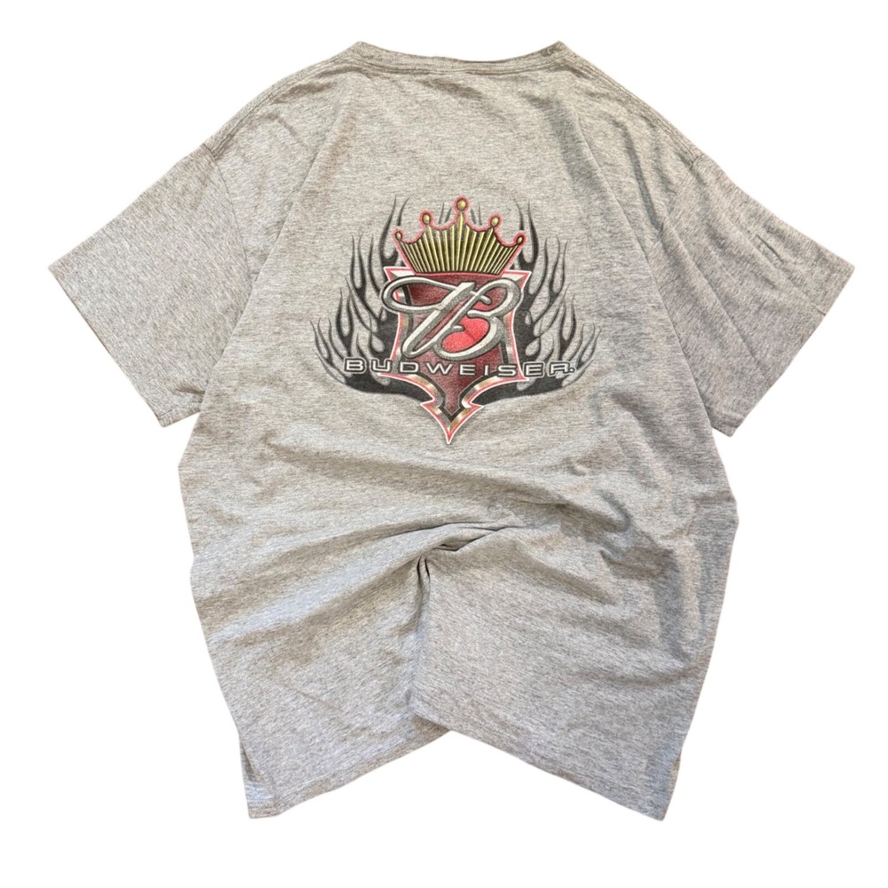 Vintage‎ Budweiser Graphic T-Shirt Hanes Heavyweight Gray Mens Large Flame Logo